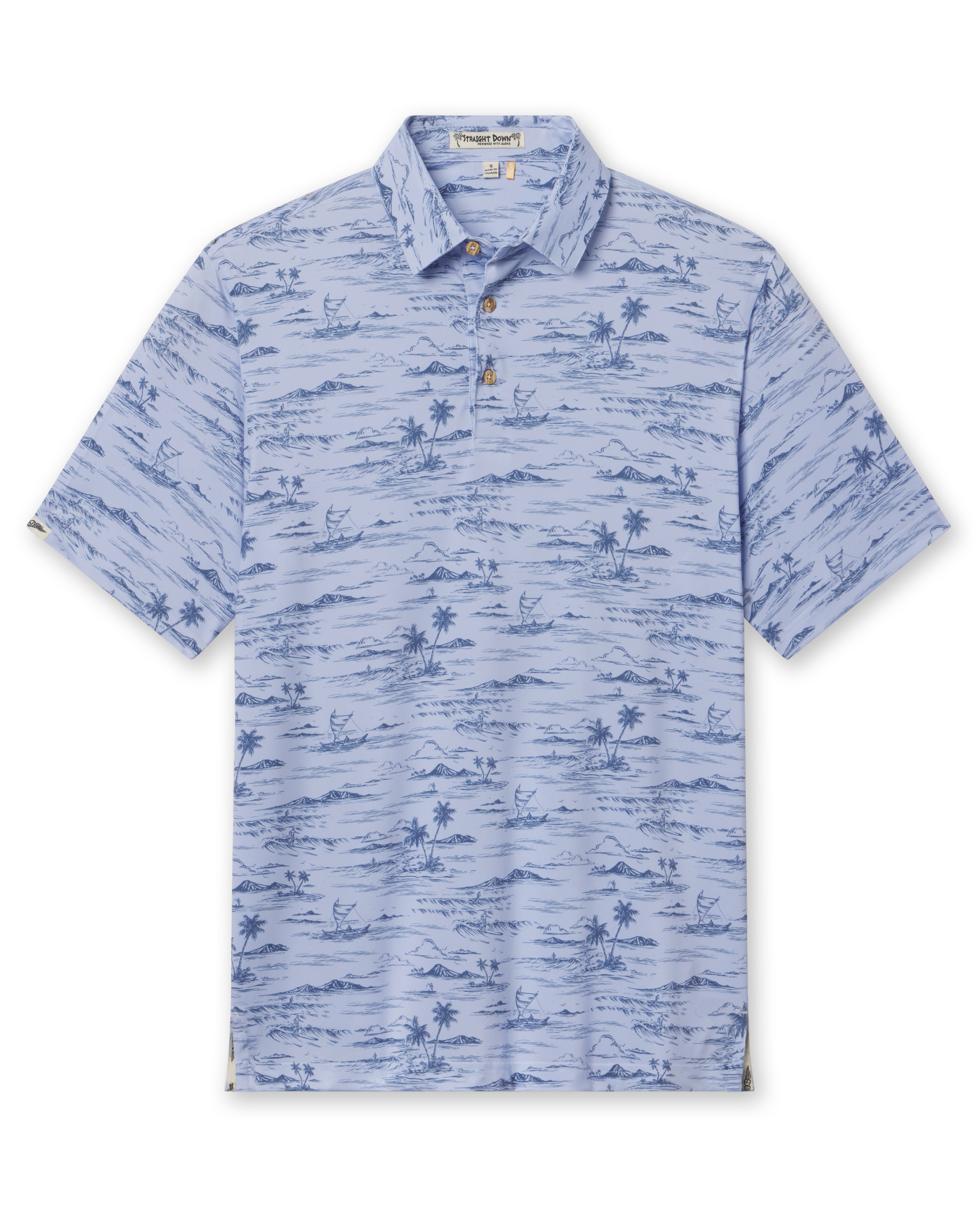 Men's Outrigger Polo in Powder, flat lay front view featuring a light blue Hawaiian scenic print with wood buttons and Straight Down logo sleeve label