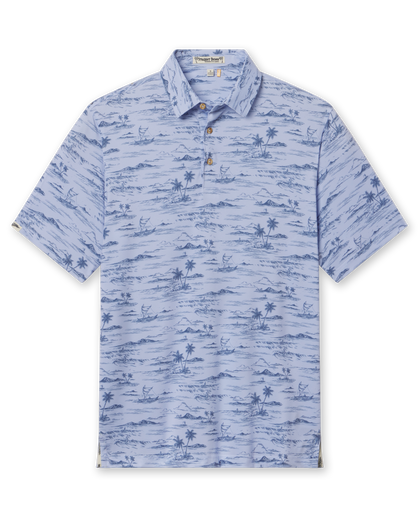 Men's Outrigger Polo in Powder, flat lay front view featuring a light blue Hawaiian scenic print with wood buttons and Straight Down logo sleeve label