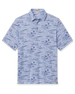 Men's Outrigger Polo in Powder, flat lay front view featuring a light blue Hawaiian scenic print with wood buttons and Straight Down logo sleeve label