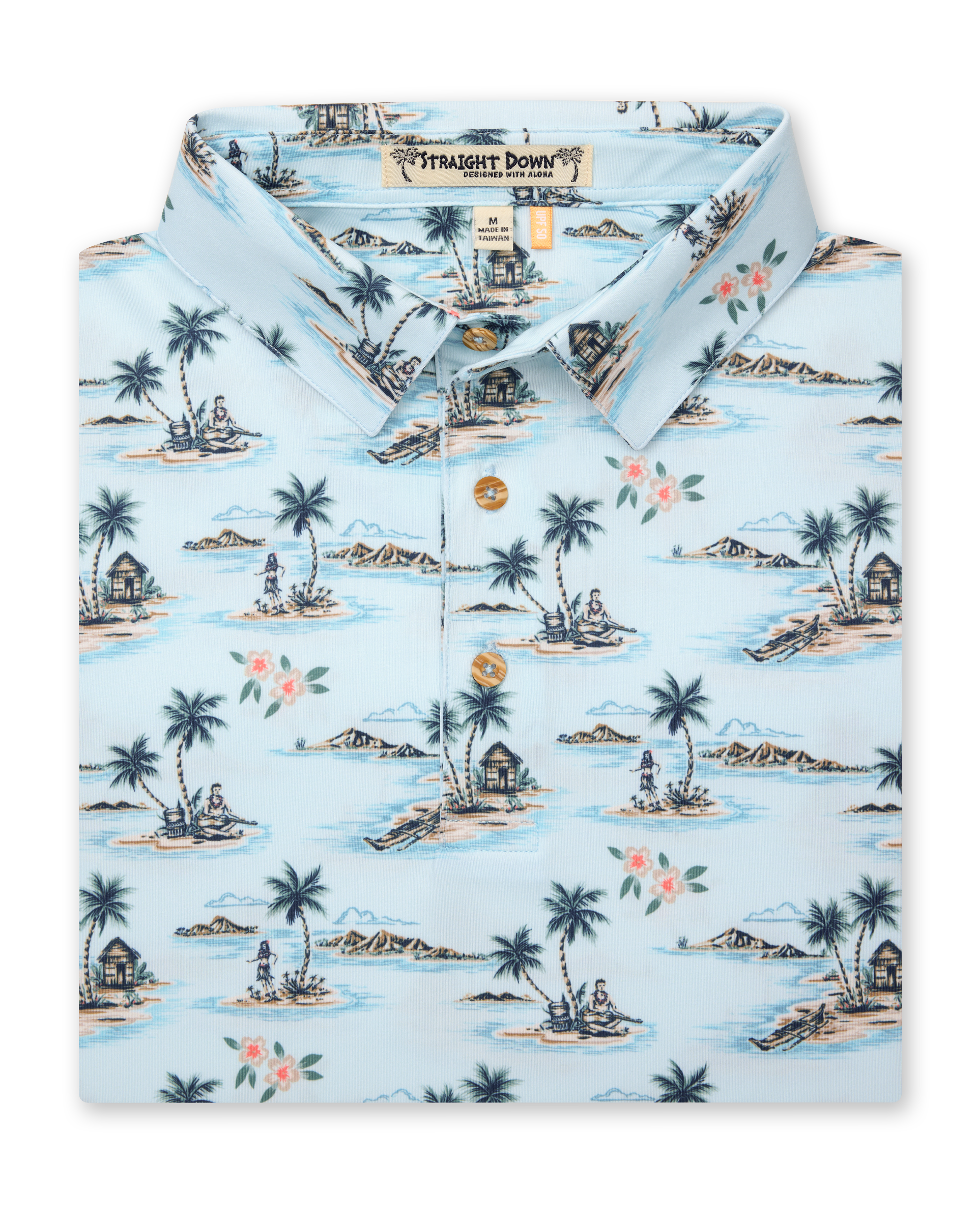 Men's Land Of Aloha Polo in Sea Spray, folded flat lay front view featuring a light blue short sleeve polo with an allover Hawaiian island scene print with palm trees, thatched huts, hula dancers, outrigger canoes, and hibiscus flowers, with a Straight Down Designed with natural wood-tone buttons