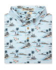 Men's Land Of Aloha Polo in Sea Spray, folded flat lay front view featuring a light blue short sleeve polo with an allover Hawaiian island scene print with palm trees, thatched huts, hula dancers, outrigger canoes, and hibiscus flowers, with a Straight Down Designed with natural wood-tone buttons