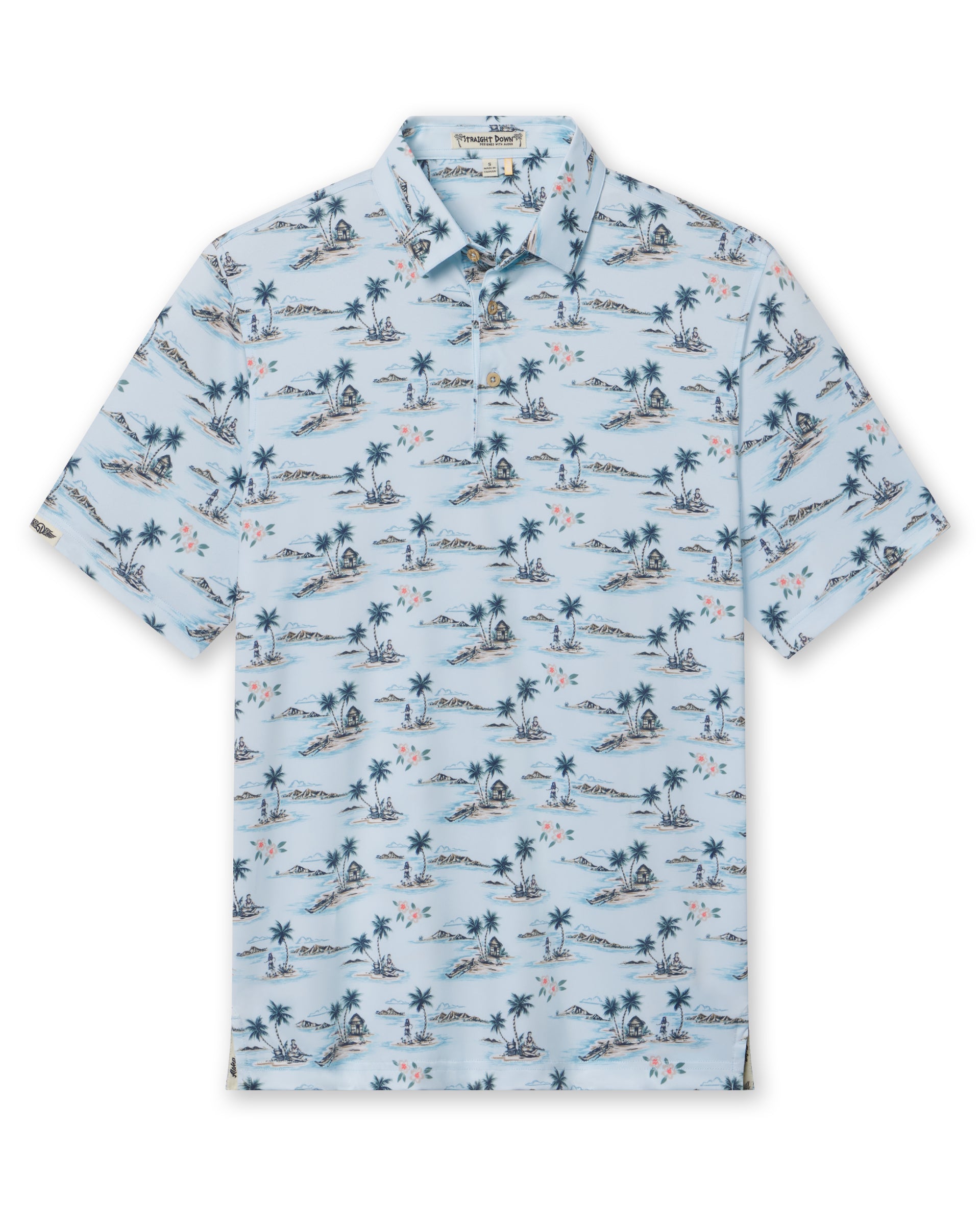 Men's Land Of Aloha Polo in Sea Spray, flat lay front view featuring a light blue short sleeve polo with an allover Hawaiian island scene print with palm trees, thatched huts, hula dancers, outrigger canoes, and hibiscus flowers