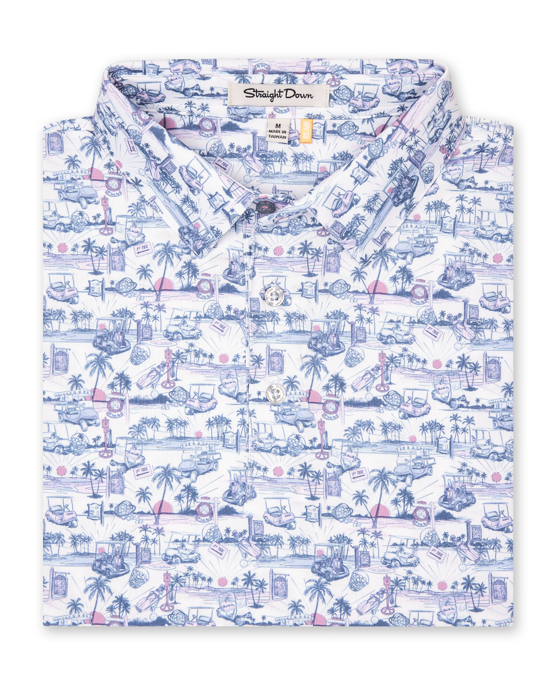 Folded white polo with blue and pink tropical golf print showing collar and placket