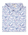 Folded white polo with blue and pink tropical golf print showing collar and placket