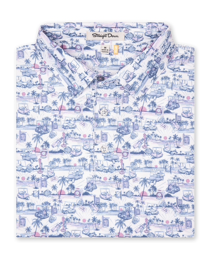 Folded white polo with blue and pink tropical golf print showing collar and placket
