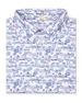 Folded white polo with blue and pink tropical golf print showing collar and placket