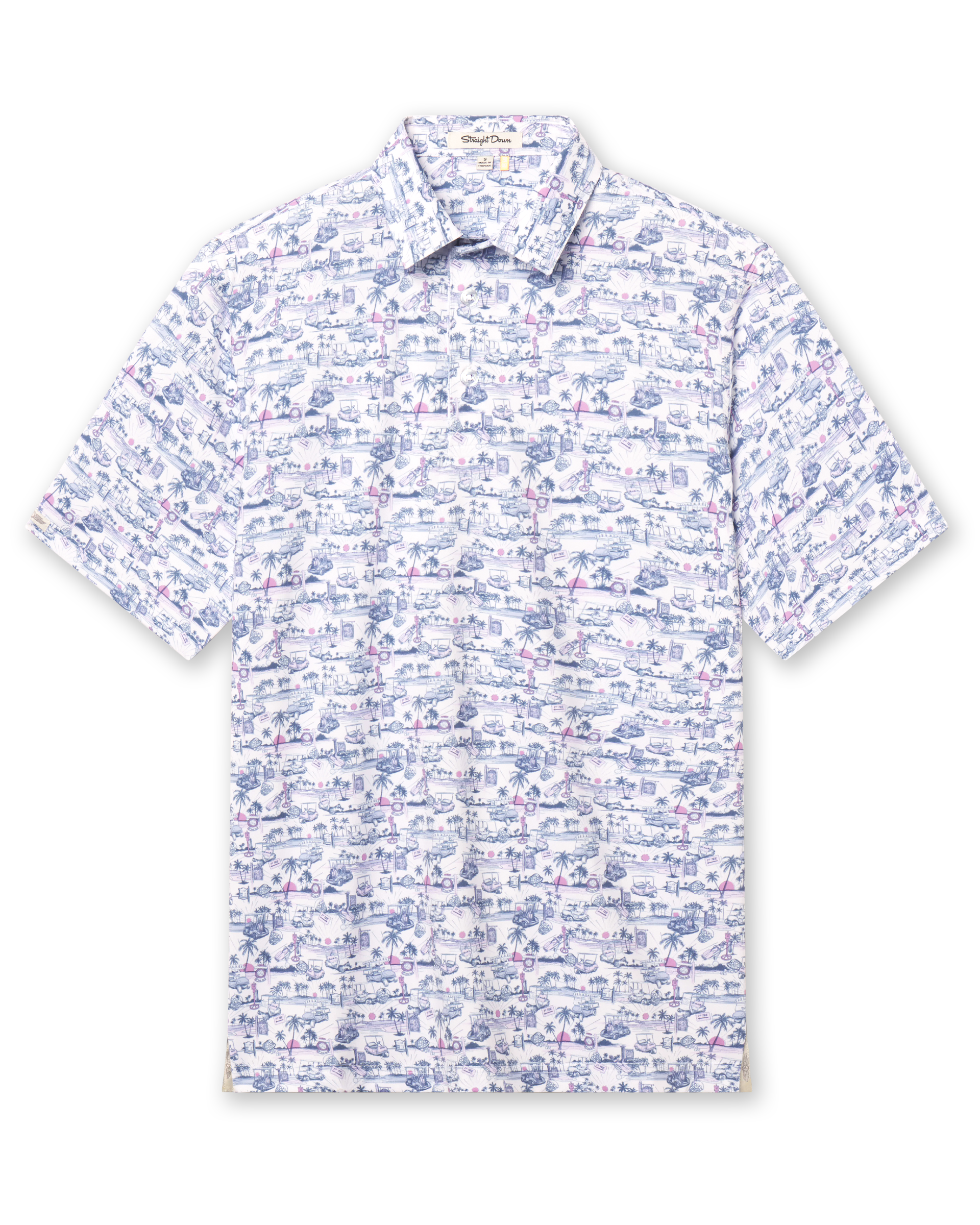 Men’s white polo shirt with blue and pink tropical golf scene print, short sleeves and three-button placket