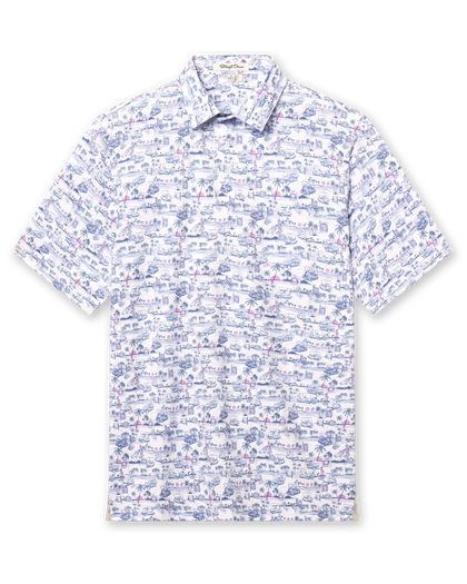 Men’s white polo shirt with blue and pink tropical golf scene print, short sleeves and three-button placket