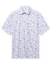 Men’s white polo shirt with blue and pink tropical golf scene print, short sleeves and three-button placket