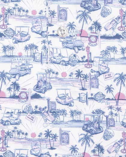 Close-up of fabric featuring blue and pink tropical golf scene with palm trees, carts, and course elements