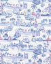Close-up of fabric featuring blue and pink tropical golf scene with palm trees, carts, and course elements
