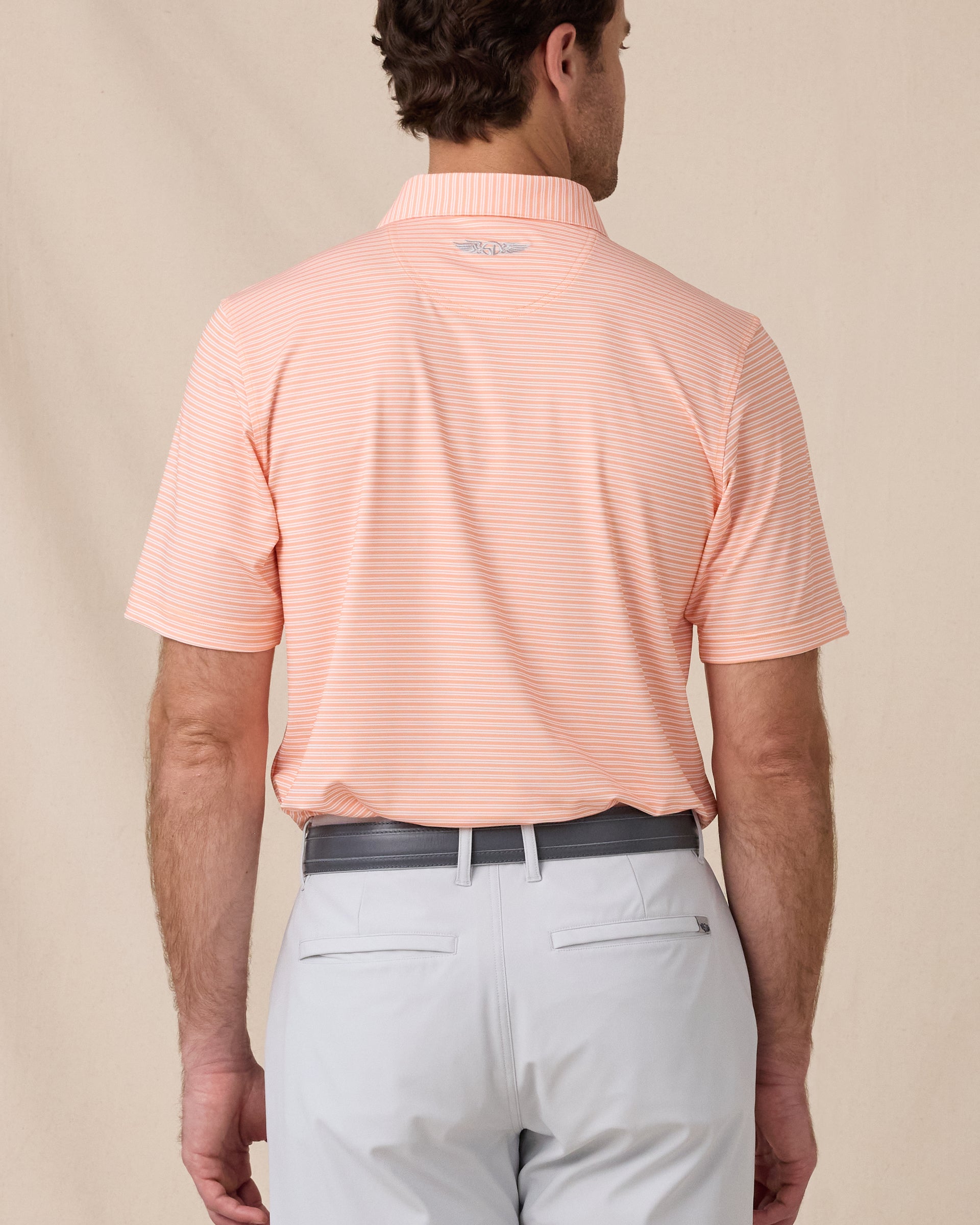 Back view of the Campus Stripe Polo in Cantaloupe showing the striped pattern and embroidered logo below the collar.