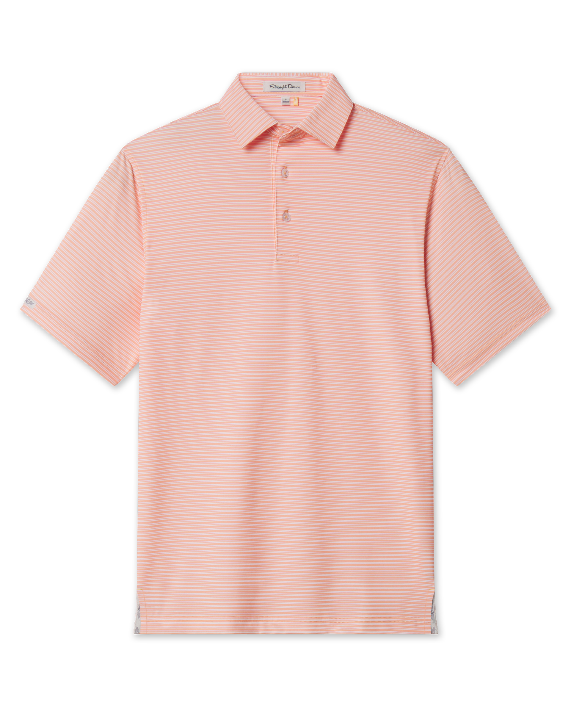 Campus Stripe Polo in Cantaloupe featuring fine white horizontal stripes, short sleeves, and a two-button placket.