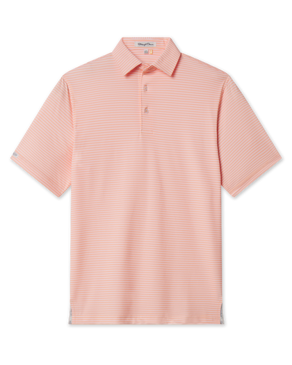 Campus Stripe Polo in Cantaloupe featuring fine white horizontal stripes, short sleeves, and a two-button placket.
