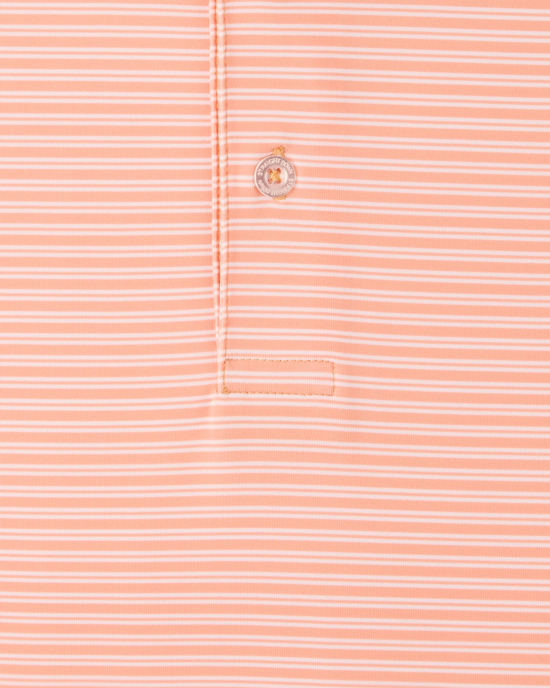 Close-up of the Campus Stripe Polo in Cantaloupe highlighting the fine white stripe pattern, button, and placket stitching.