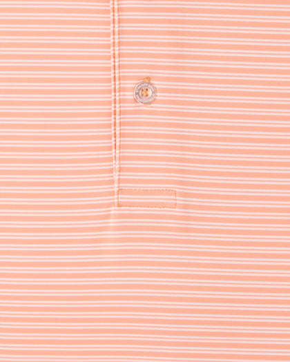 Close-up of the Campus Stripe Polo in Cantaloupe highlighting the fine white stripe pattern, button, and placket stitching.