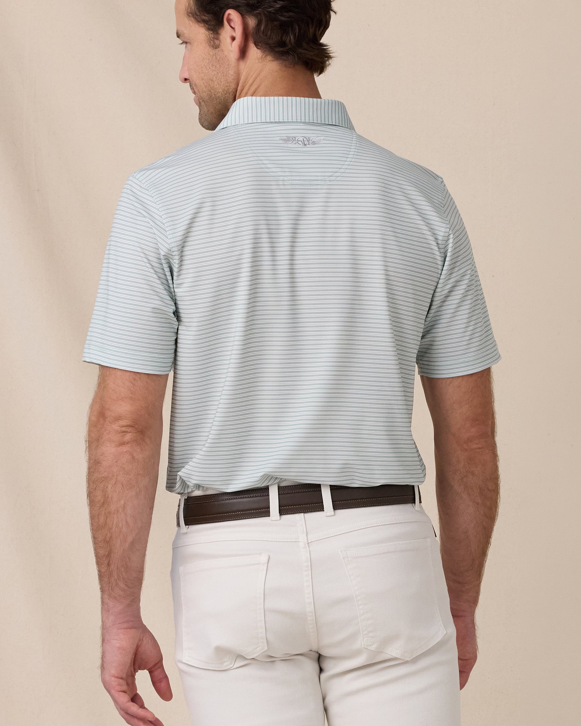 Back view of the Campus Stripe Polo in Herb showing the fine stripe pattern and embroidered logo below the collar.