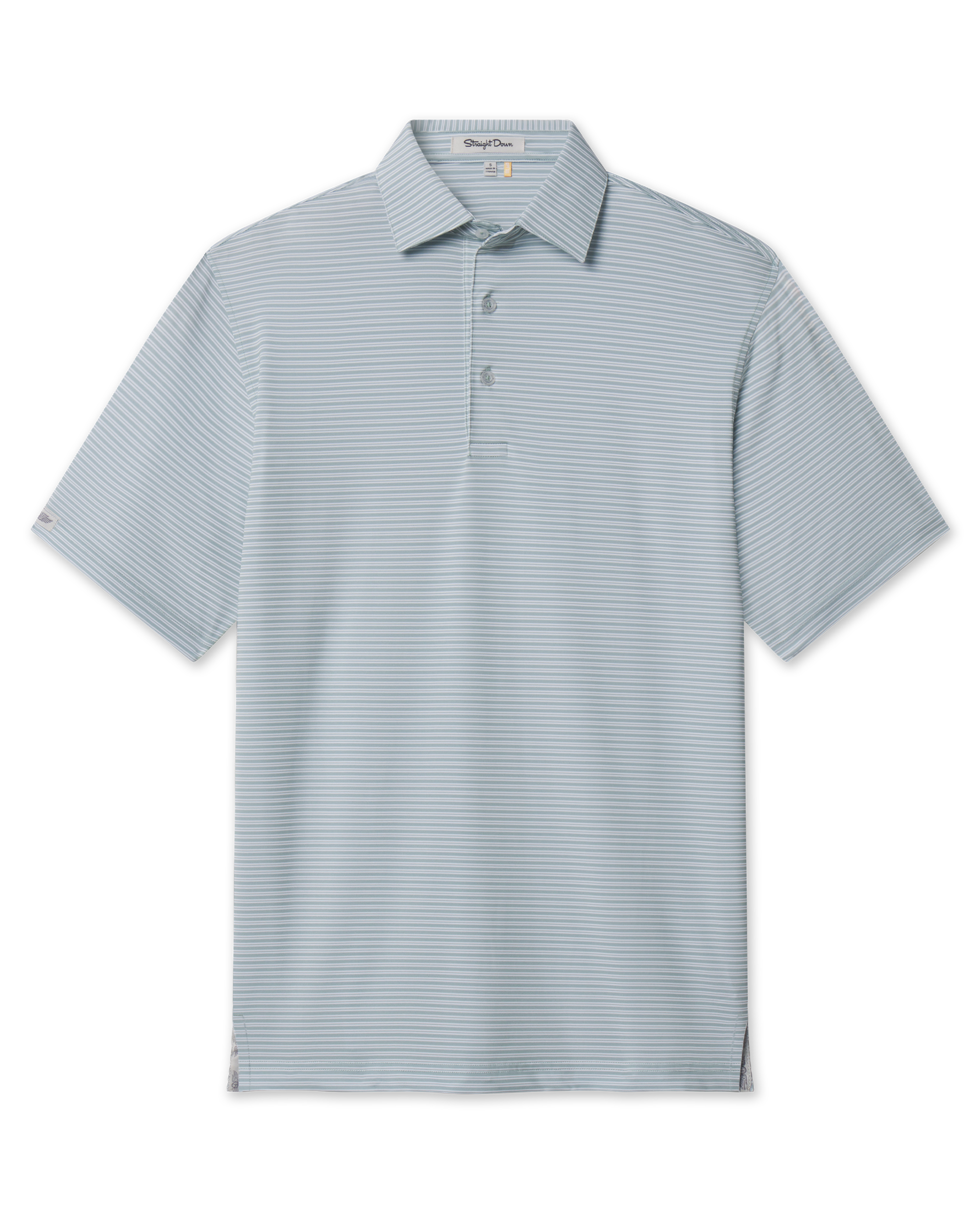 Campus Stripe Polo in Herb featuring fine white horizontal stripes, short sleeves, and a two-button placket.