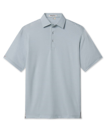 Campus Stripe Polo in Herb featuring fine white horizontal stripes, short sleeves, and a two-button placket.