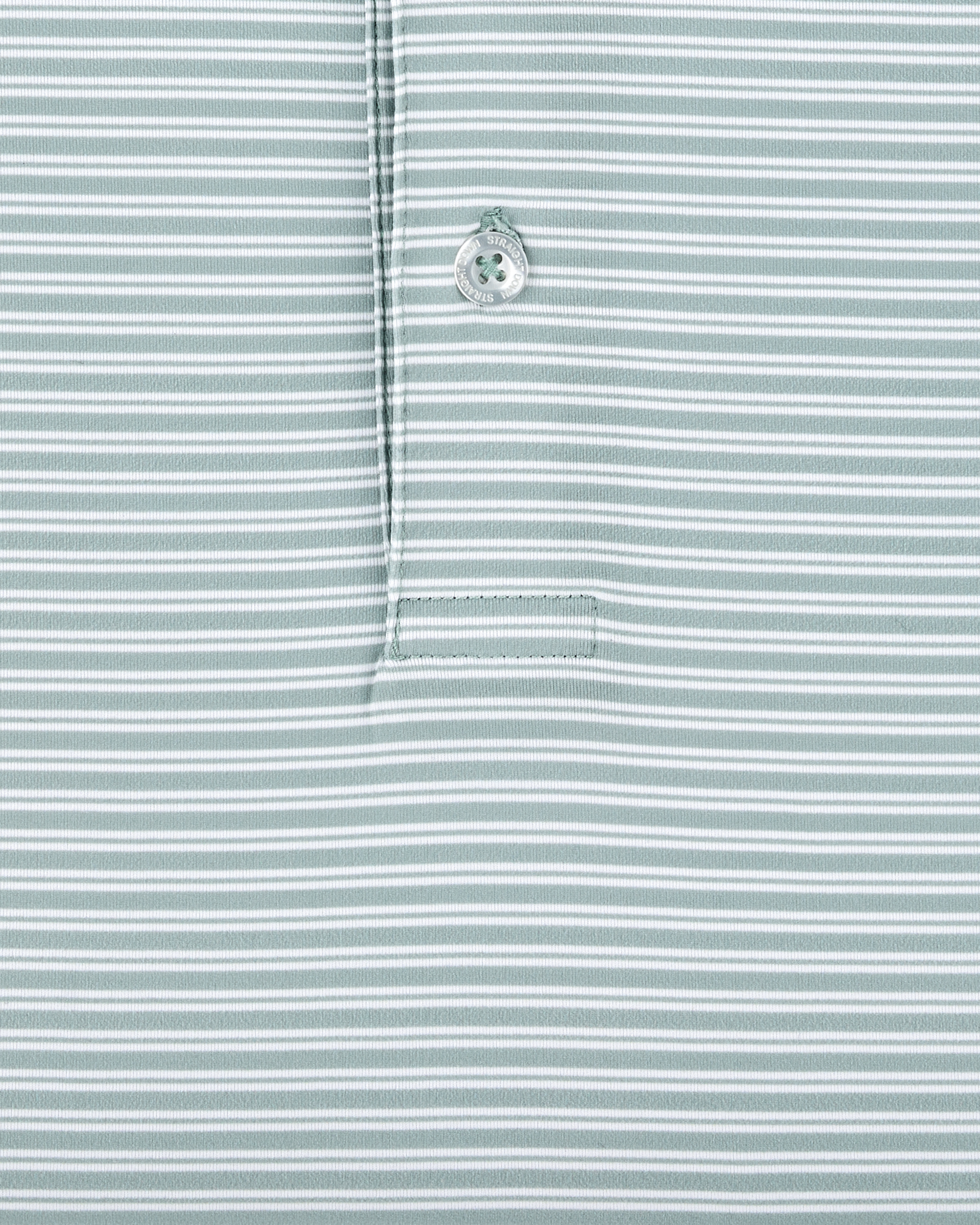 Close-up of the Campus Stripe Polo in Herb highlighting the fine white stripe pattern, button, and placket stitching.