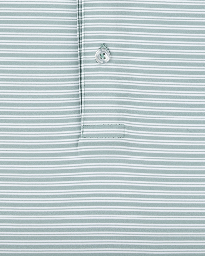 Close-up of the Campus Stripe Polo in Herb highlighting the fine white stripe pattern, button, and placket stitching.
