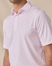 Close-up of the Campus Stripe Polo in lilac highlighting the self-collar, button placket, and pink and white stripe pattern