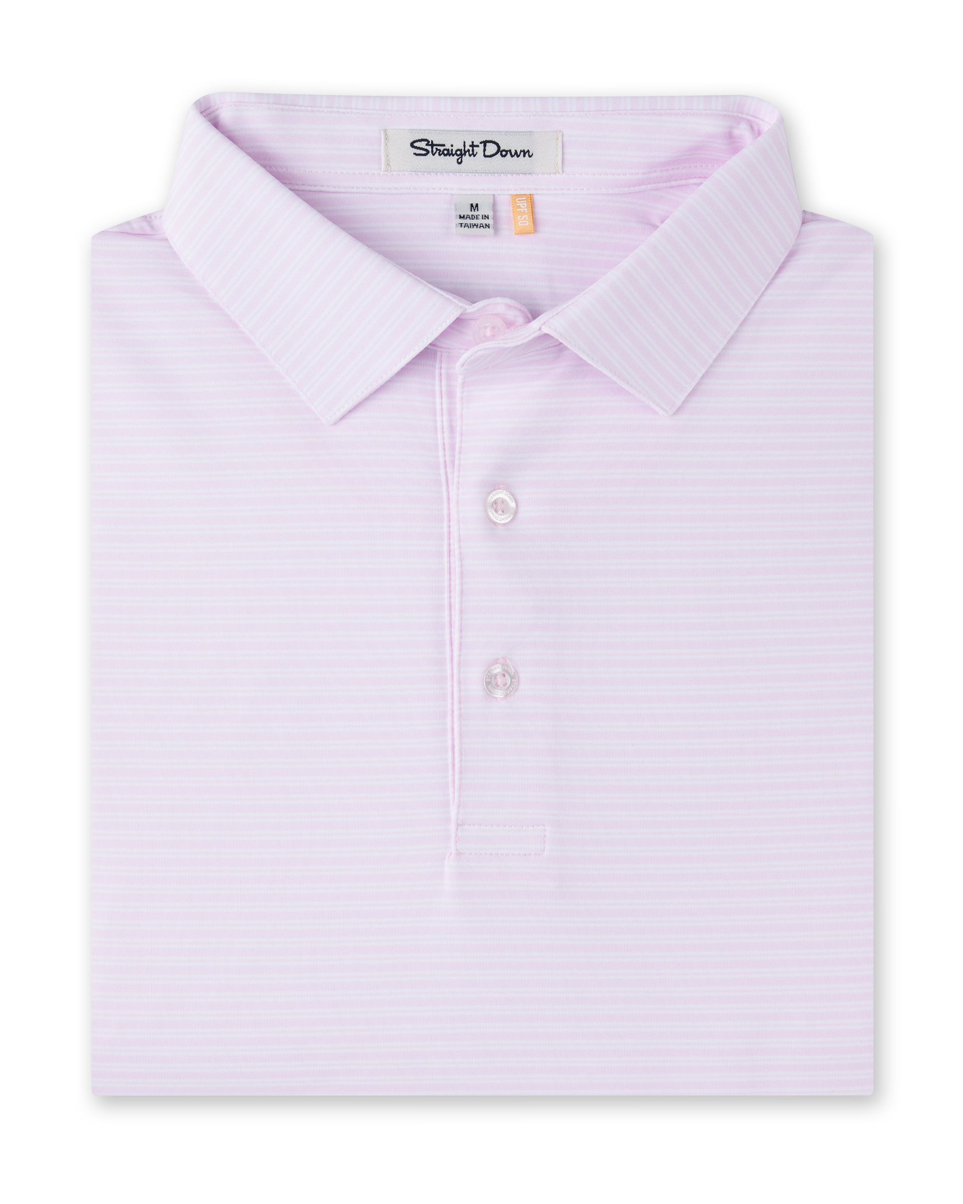 Campus Stripe Polo in Lilac, folded flat lay front view featuring a light pink and white fine horizontal stripe polo with a spread collar