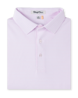 Campus Stripe Polo in Lilac, folded flat lay front view featuring a light pink and white fine horizontal stripe polo with a spread collar