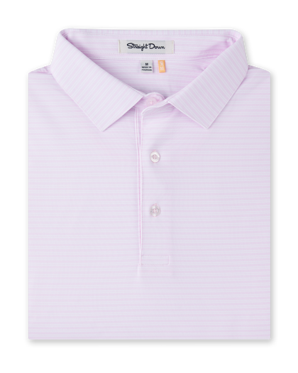 Campus Stripe Polo in Lilac, folded flat lay front view featuring a light pink and white fine horizontal stripe polo with a spread collar