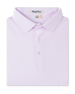 Campus Stripe Polo in Lilac, folded flat lay front view featuring a light pink and white fine horizontal stripe polo with a spread collar