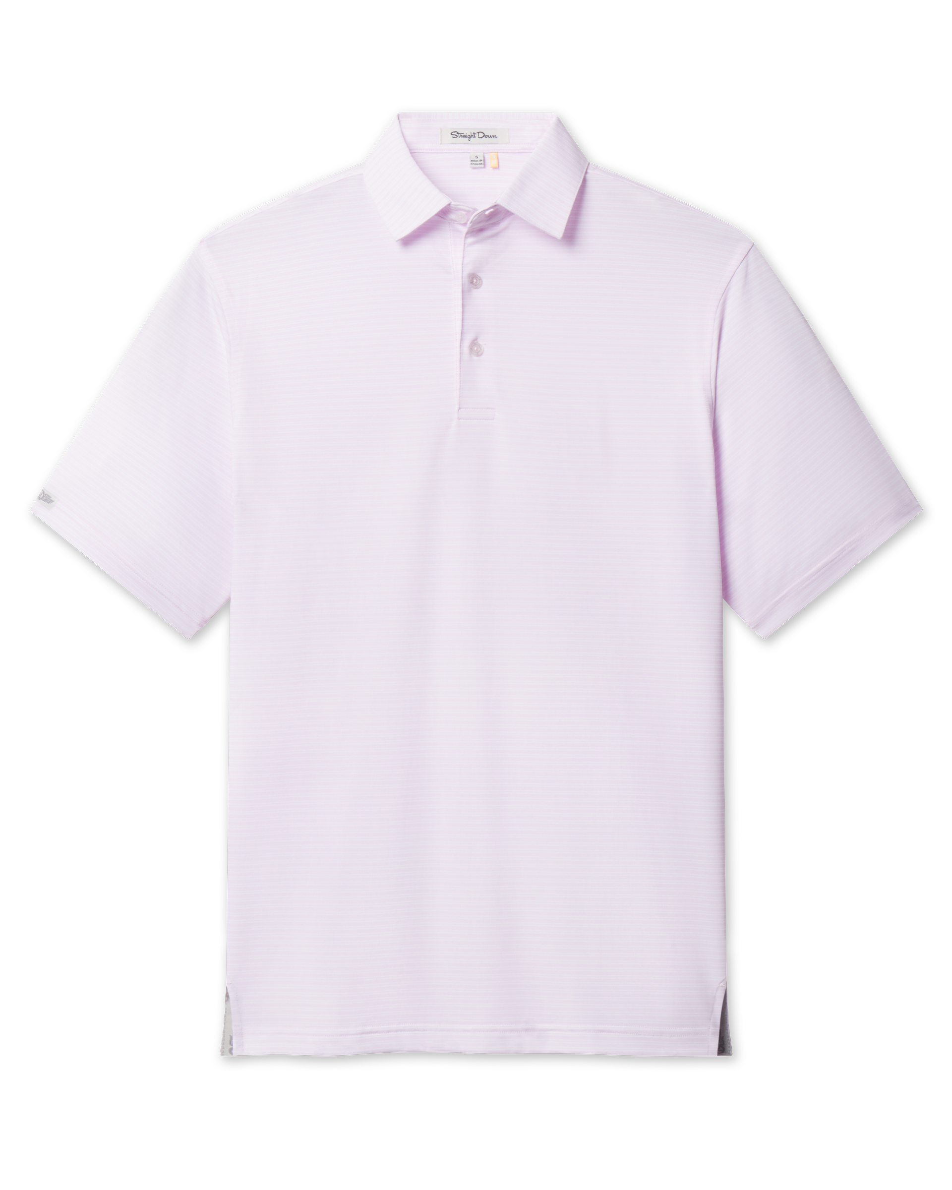 Campus Stripe Polo in Lilac, flat lay front view featuring a light pink and white fine horizontal stripe polo with a spread collar and Straight Down woven label at the sleeve hem