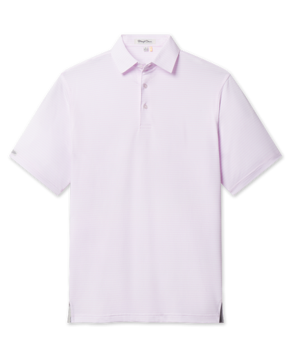 Campus Stripe Polo in Lilac, flat lay front view featuring a light pink and white fine horizontal stripe polo with a spread collar and Straight Down woven label at the sleeve hem