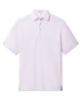 Campus Stripe Polo in Lilac, flat lay front view featuring a light pink and white fine horizontal stripe polo with a spread collar and Straight Down woven label at the sleeve hem