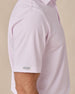 Close-up of the Campus Stripe Polo in lilac highlighting the striped performance fabric, sleeve construction, and signature sleeve logo tab
