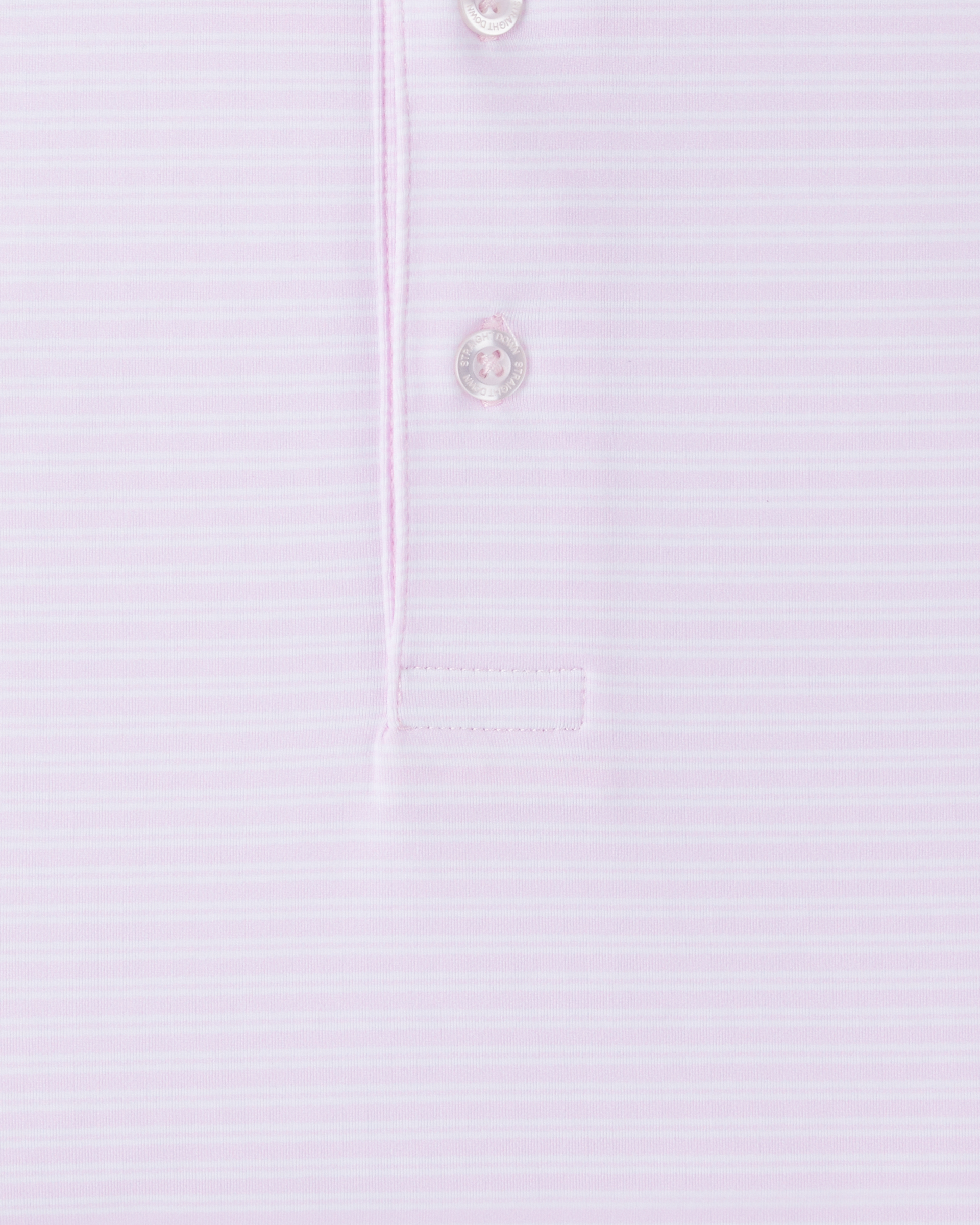 Campus Stripe Polo in Lilac, close-up front view highlighting the light pink and white fine horizontal stripe fabric and Straight Down branded button hardware detail