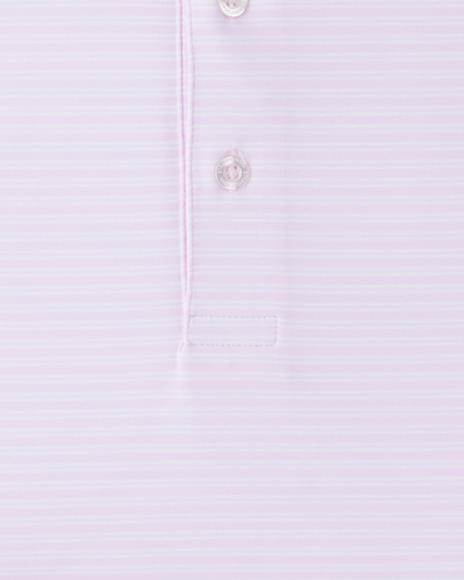 Campus Stripe Polo in Lilac, close-up front view highlighting the light pink and white fine horizontal stripe fabric and Straight Down branded button hardware detail