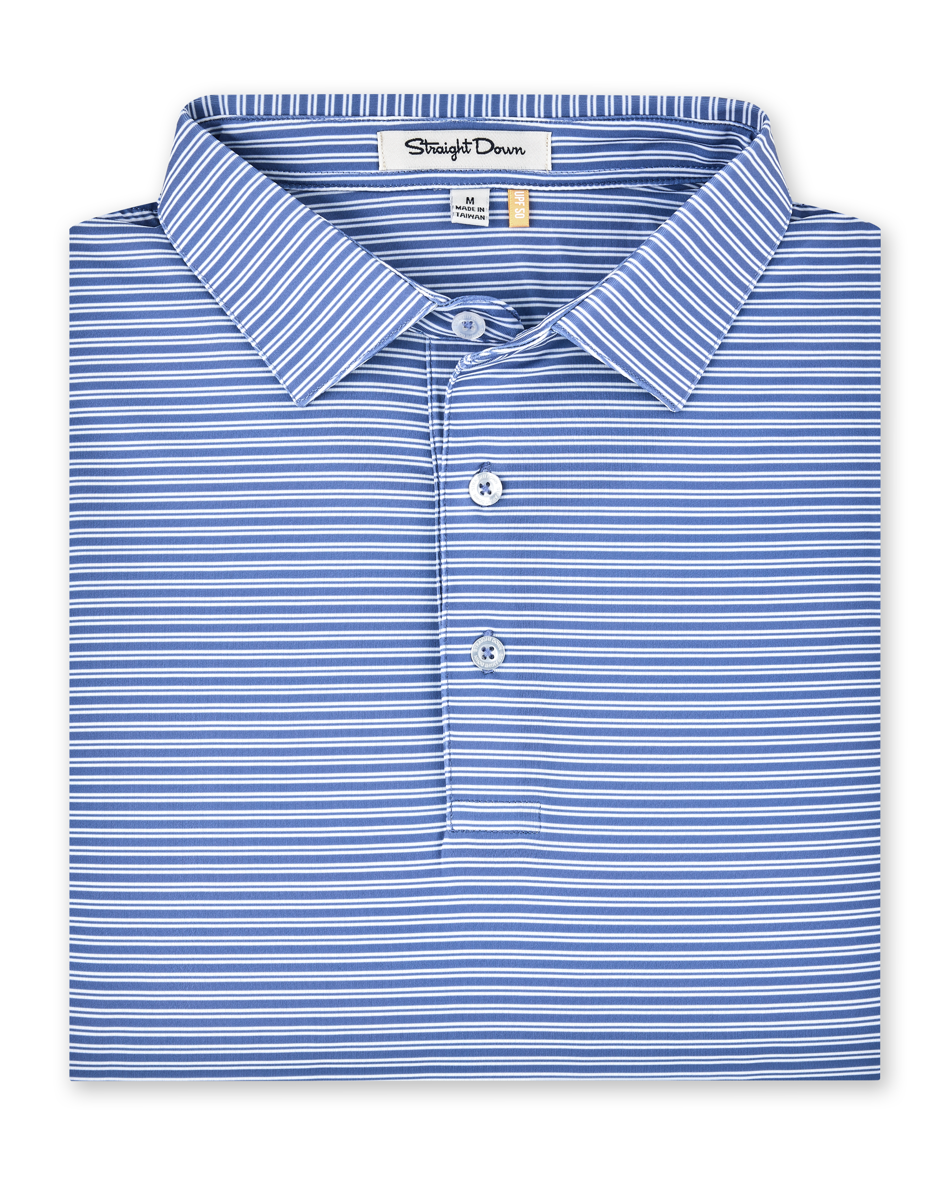 Campus Stripe Polo in Tidal Blue folded to showcase the blue and white horizontal stripe pattern