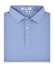 Campus Stripe Polo in Tidal Blue folded to showcase the blue and white horizontal stripe pattern