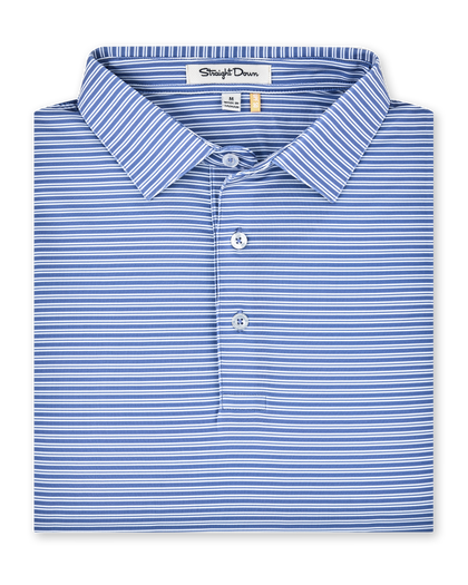 Campus Stripe Polo in Tidal Blue folded to showcase the blue and white horizontal stripe pattern