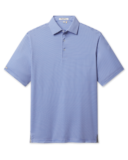 Campus Stripe Polo in Tidal Blue featuring a classic fit, blue and white horizontal stripes, self-collar, and short sleeves