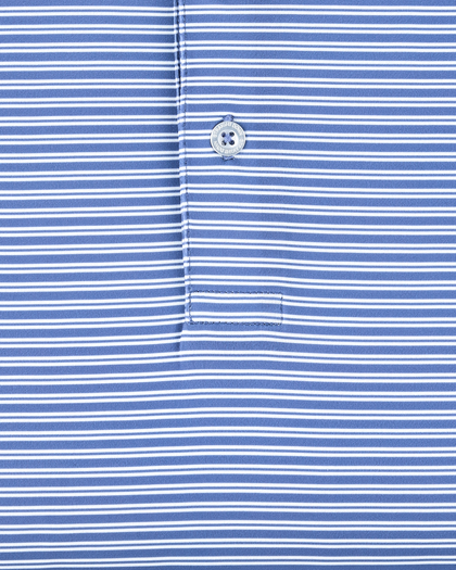 Close-up of the Campus Stripe Polo in Tidal Blue showcasing the fine blue and white horizontal stripe pattern
