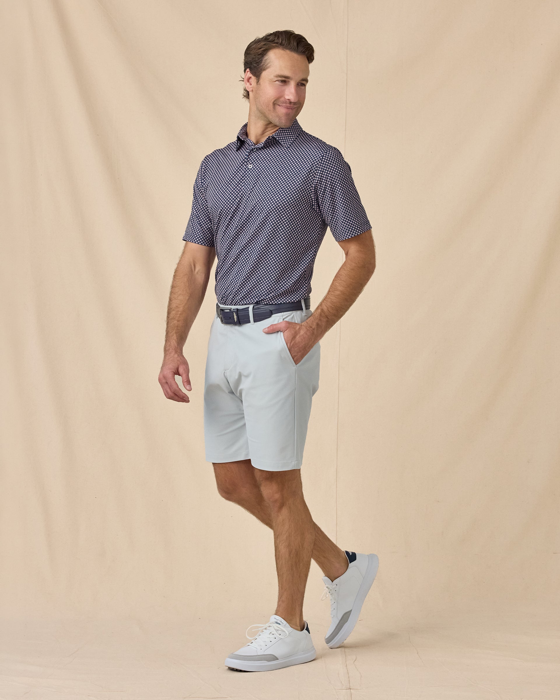 Men’s Ironwood Polo in New Indigo, full outfit view styled with light shorts