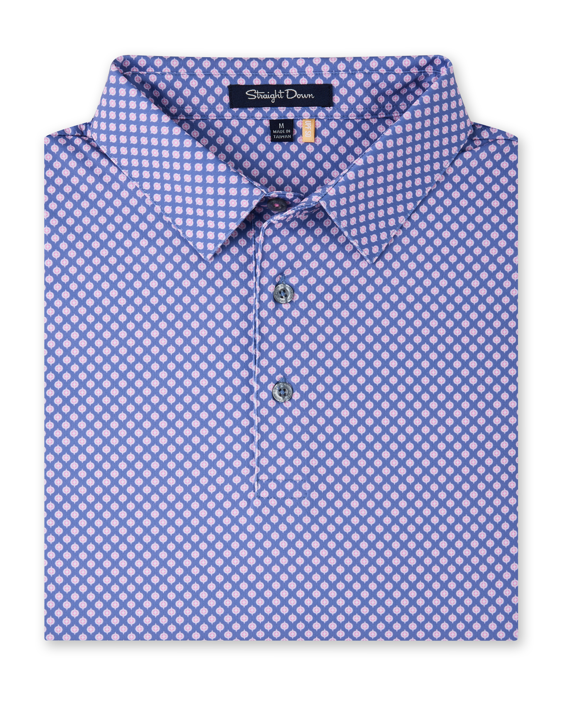 Folded Ironwood Polo in tidal blue featuring a pink geometric print