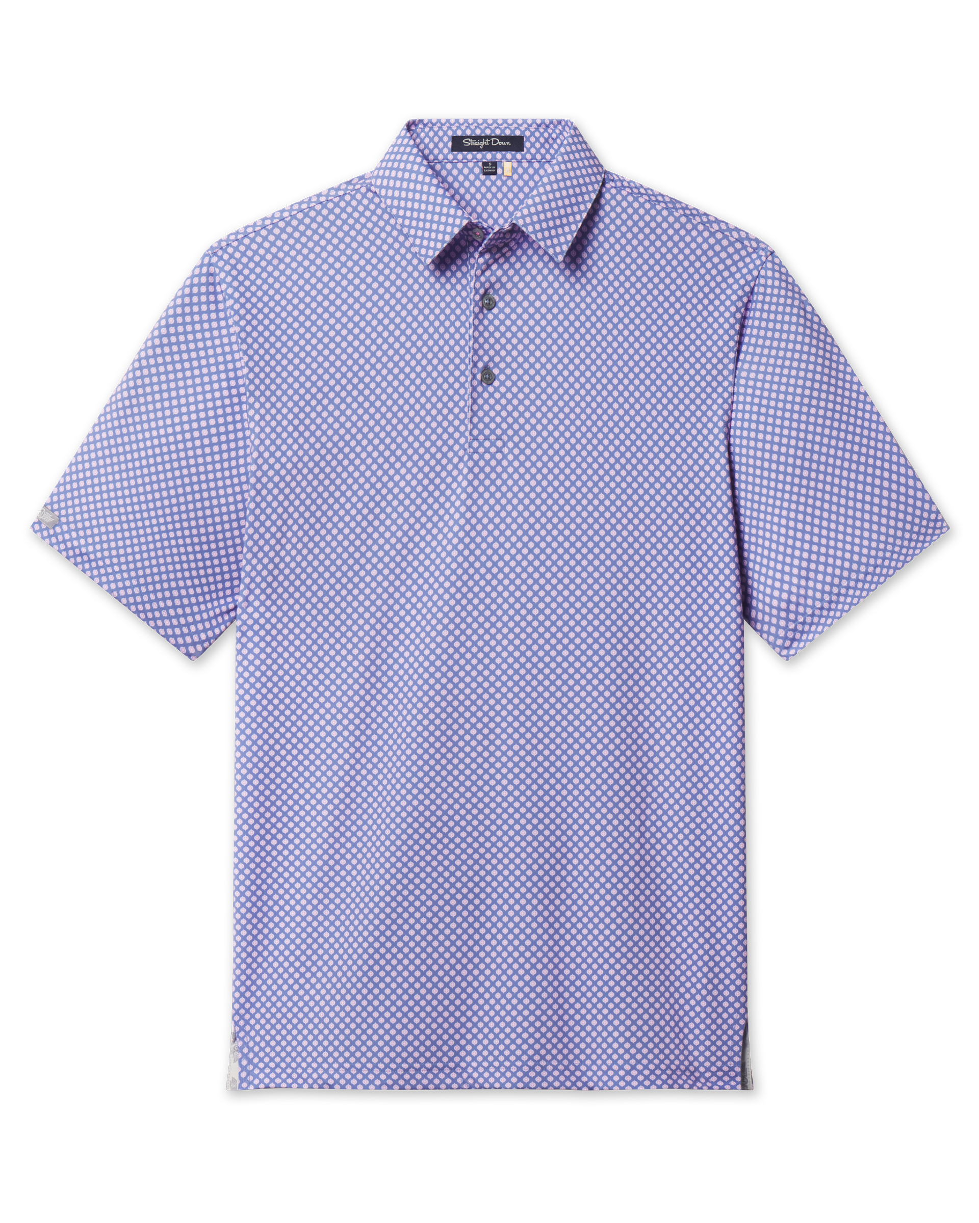 Ironwood Polo in tidal blue with an all-over pink geometric pattern, short sleeves, and a tailored golf fit