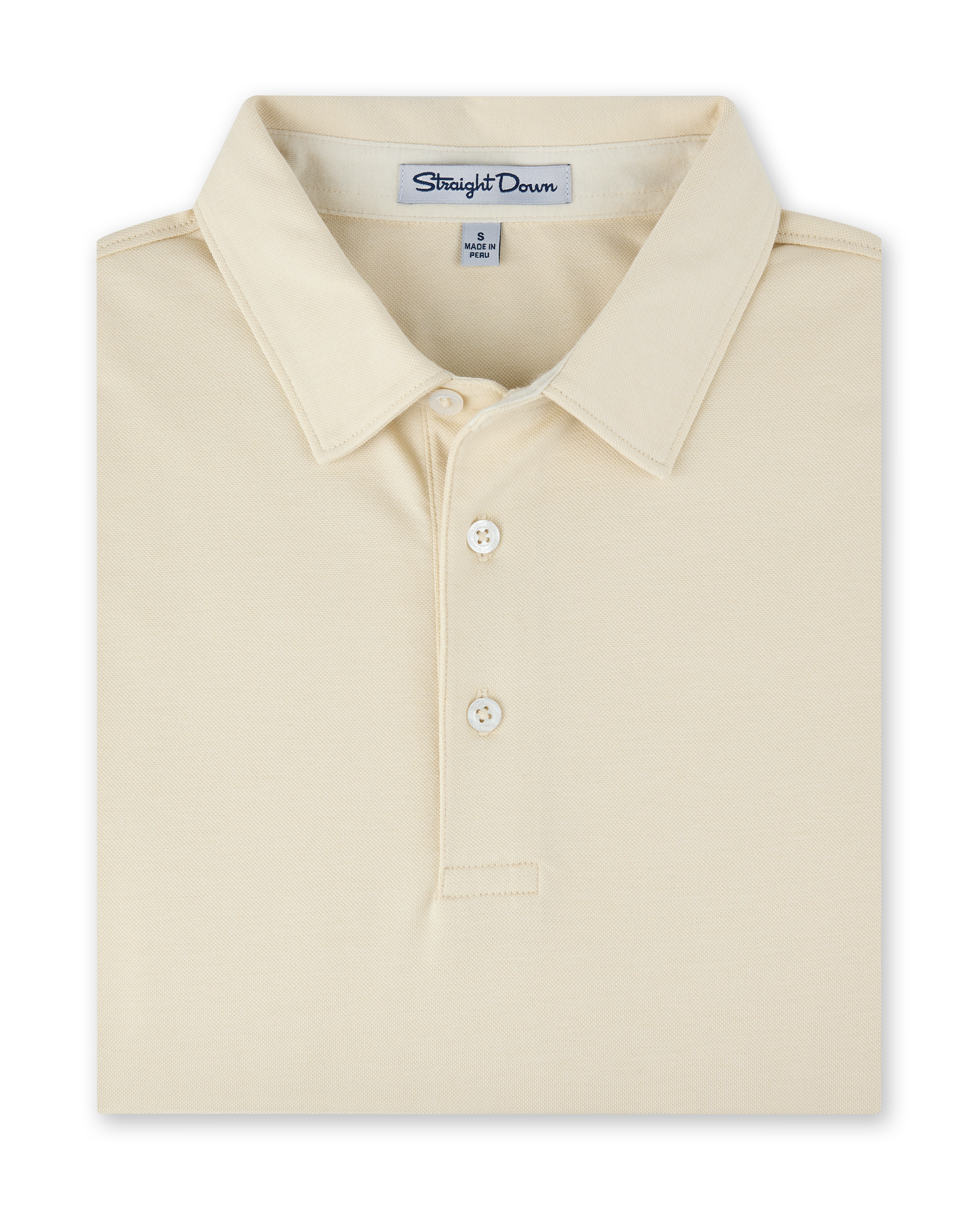 Close-up of the Oxford Polo in Summer Sand, featuring a classic collar, two-button placket, and subtle textured fabric.