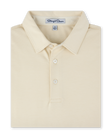 Close-up of the Oxford Polo in Summer Sand, featuring a classic collar, two-button placket, and subtle textured fabric.