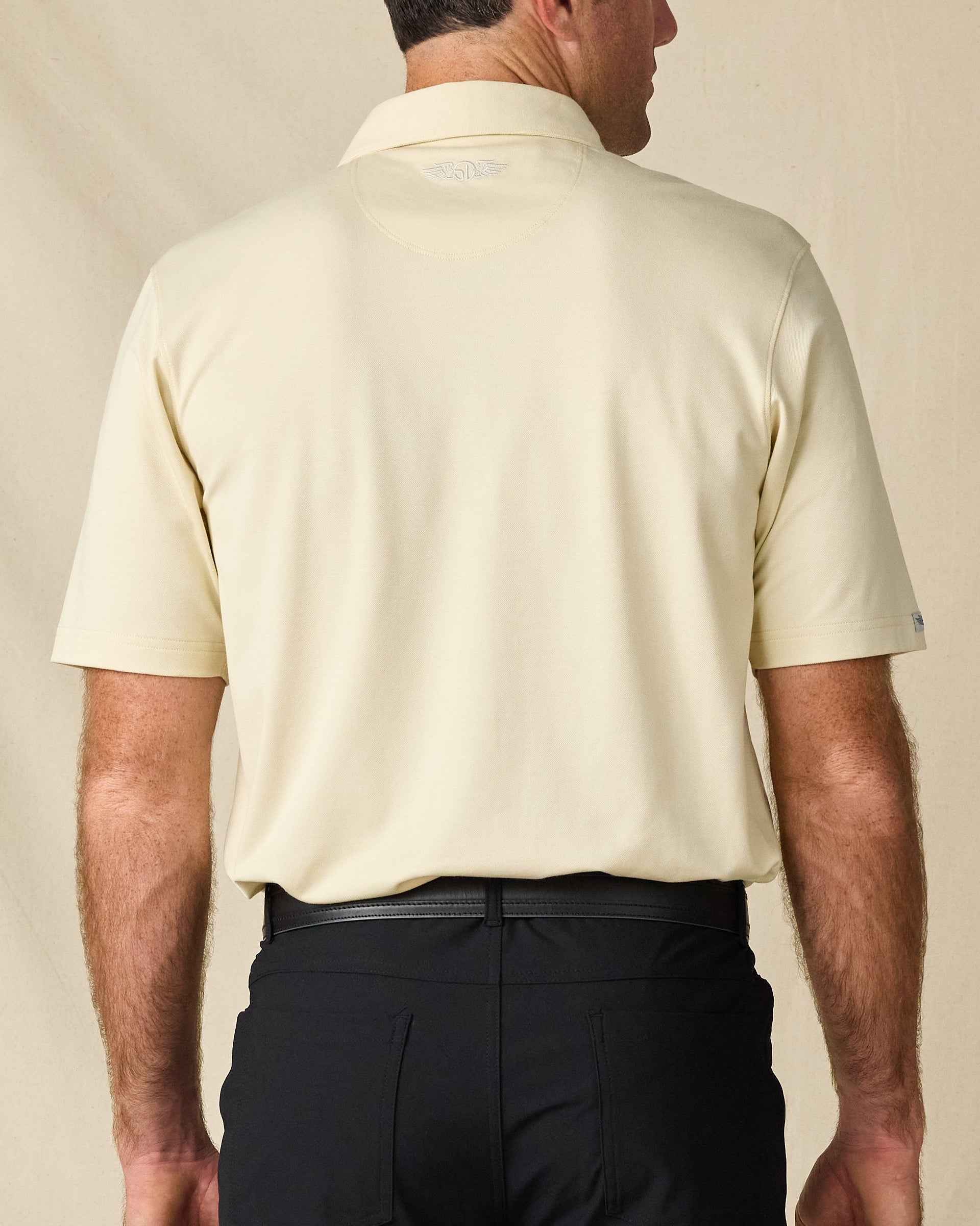 Back view of a man wearing the Summer Sand Oxford Polo, highlighting the clean fit and tonal Straight Down winged logo below the collar.