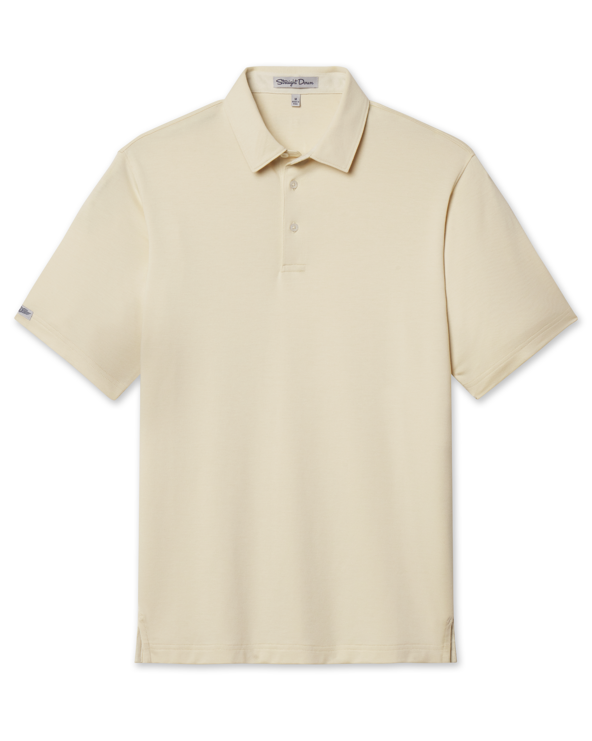 Front view of the Oxford Polo in Summer Sand, featuring short sleeves, a classic collar, two-button placket, and a clean, solid-color design.