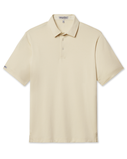 Front view of the Oxford Polo in Summer Sand, featuring short sleeves, a classic collar, two-button placket, and a clean, solid-color design.