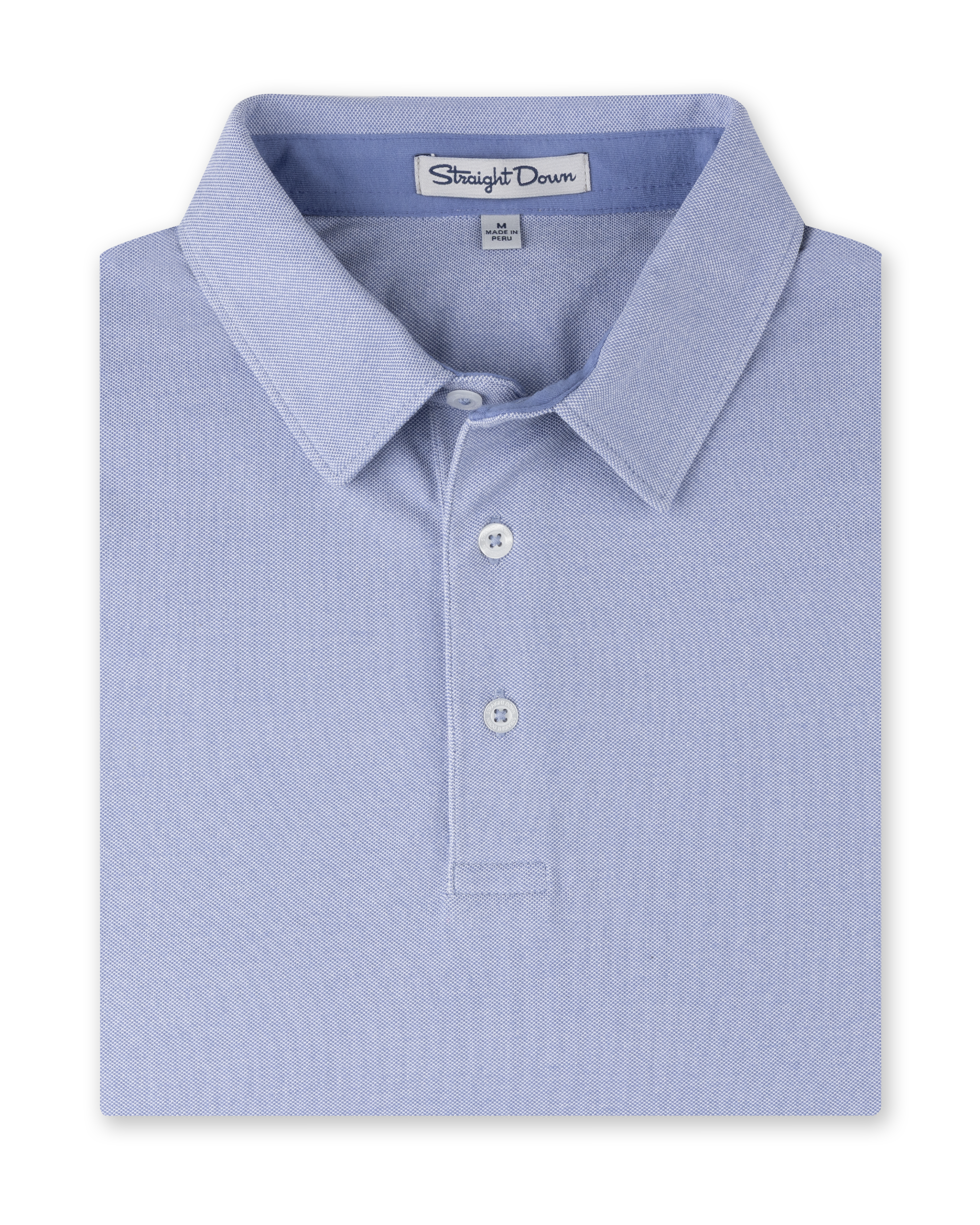 Folded Oxford Polo in chambray blue with two-button placket and classic collar